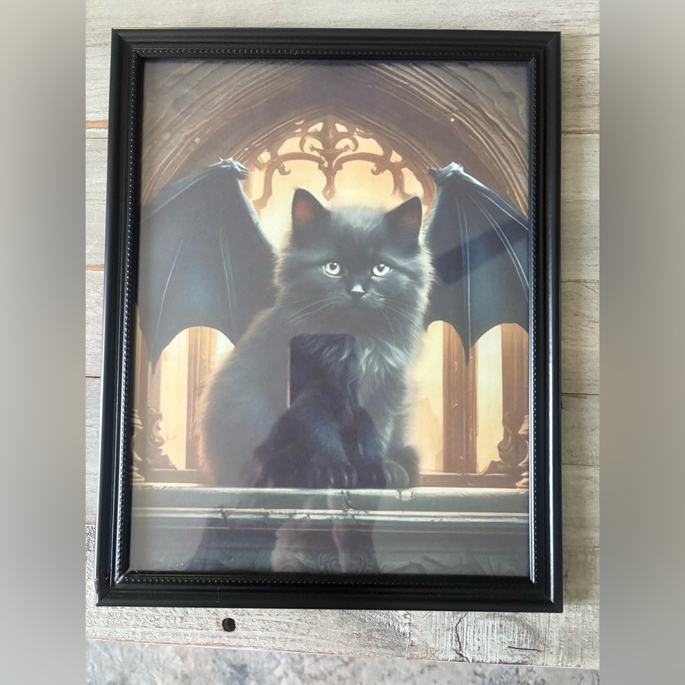 Black Framed Gothic Cat Art Print Witchy Kitten Framed 8x10” Halloween print